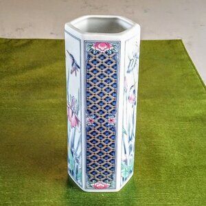 Vintage FTD Hexagonal White Floral Porcelain Vase